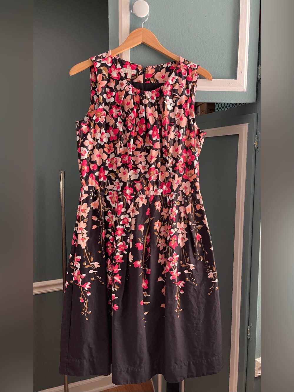Talbots Black Sleeveless Floral Fit-and-Flare Dress with Pink Blossoms